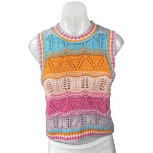Zara Multicolor Crochet Knit Colorblock Striped Sleeveless Sweater Vest Top Sz S